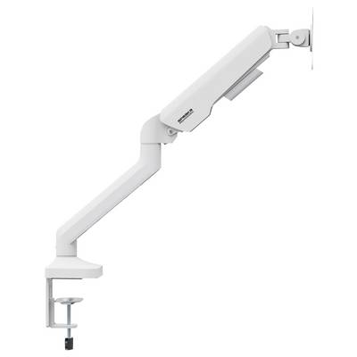 Un braccio porta monitor regolabile in metallo con morsetto da tavolo, montato lateralmente. Adatto per l'allineamento ergonomico degli schermi.
