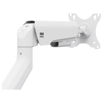 Un braccio regolabile bianco per monitor con sistema di montaggio, idoneo per il fissaggio a una staffa a parete.