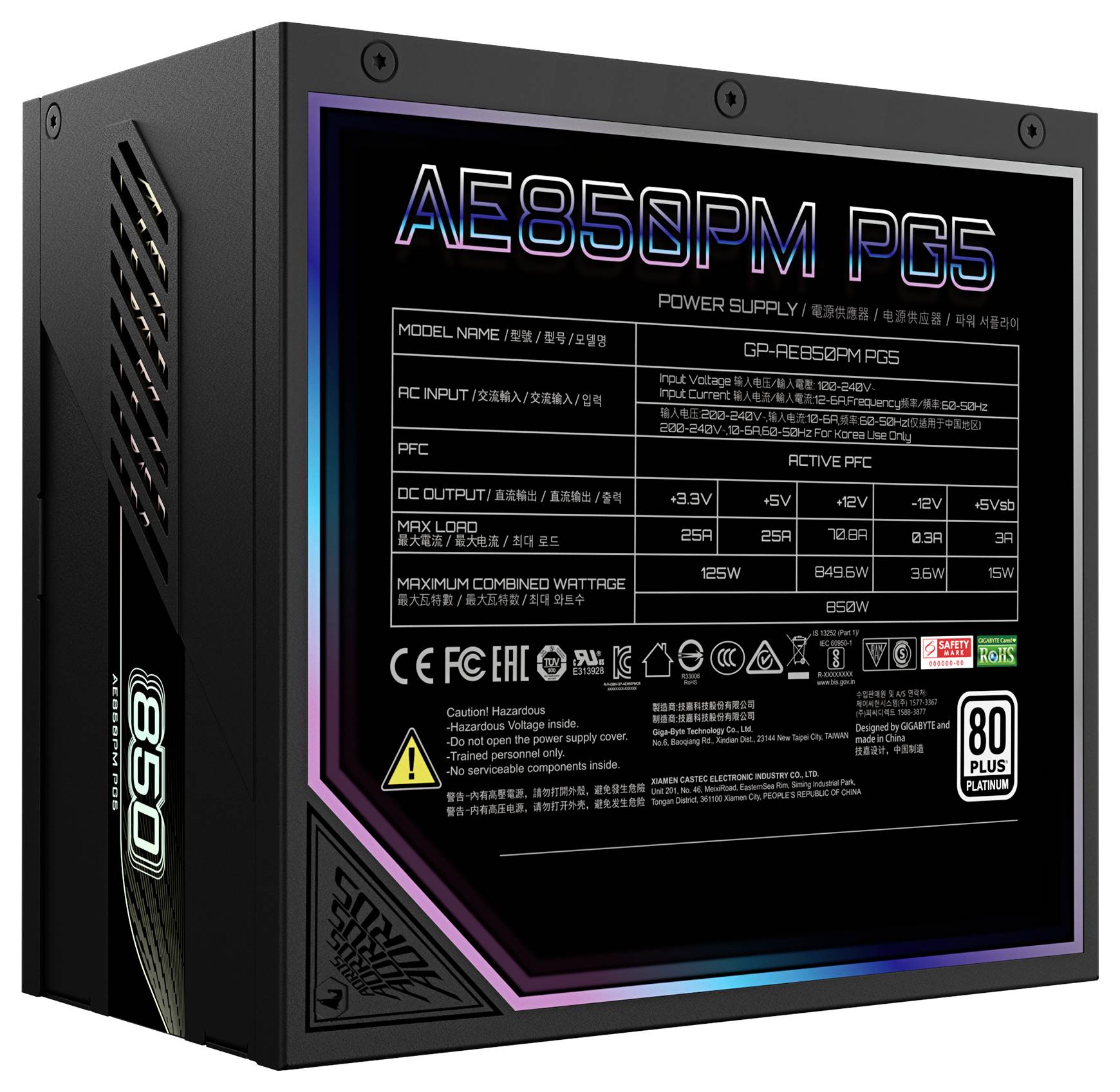 Alimentatore 'AE850PM PG5', 850W, 80 Plus Platinum, PFC attivo, uscita DC: +3,3V/20A, +5V/20A, +12V/70,5A, -12V/0,3A, +5Vsb/2,5A.