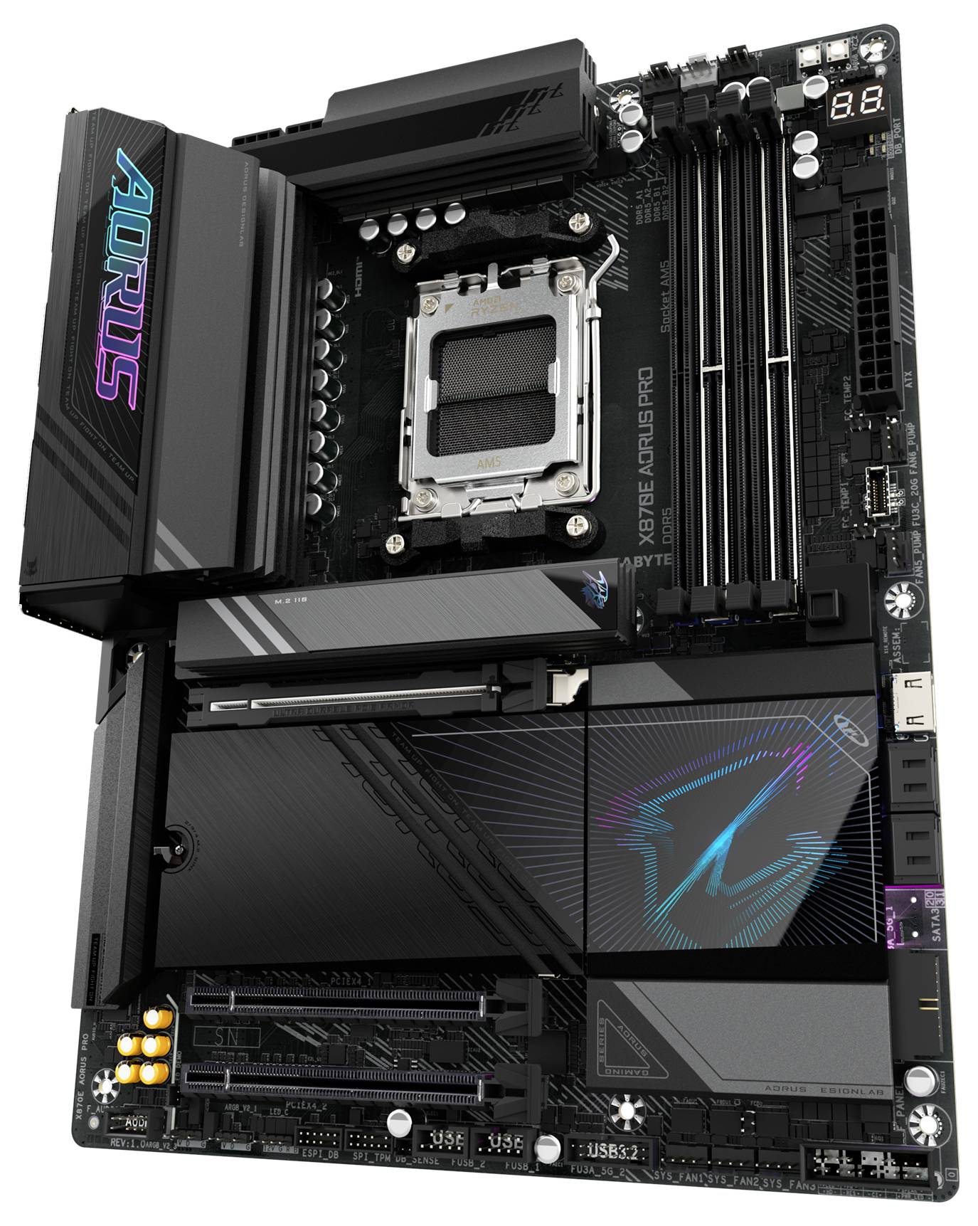 Una scheda madre nera con un grande socket per CPU al centro, diversi slot per RAM e il logo Aorus illuminato in alto a destra.