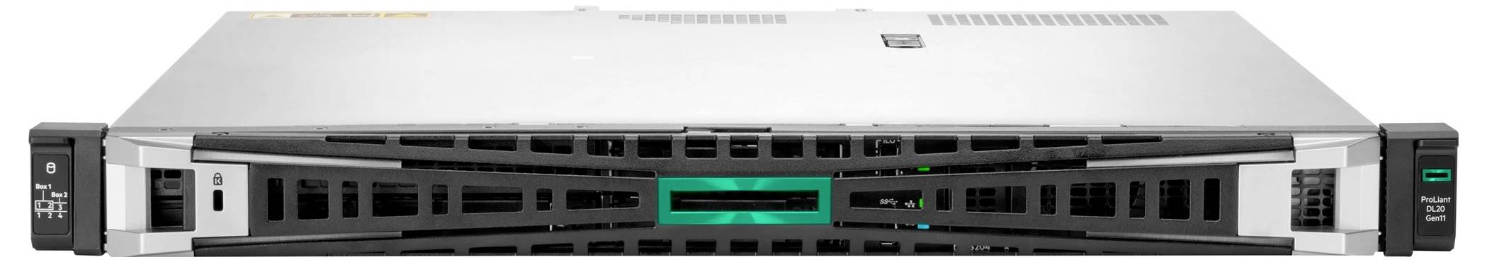 Un server argentato con fessure di ventilazione nere e un accento centrale verde.