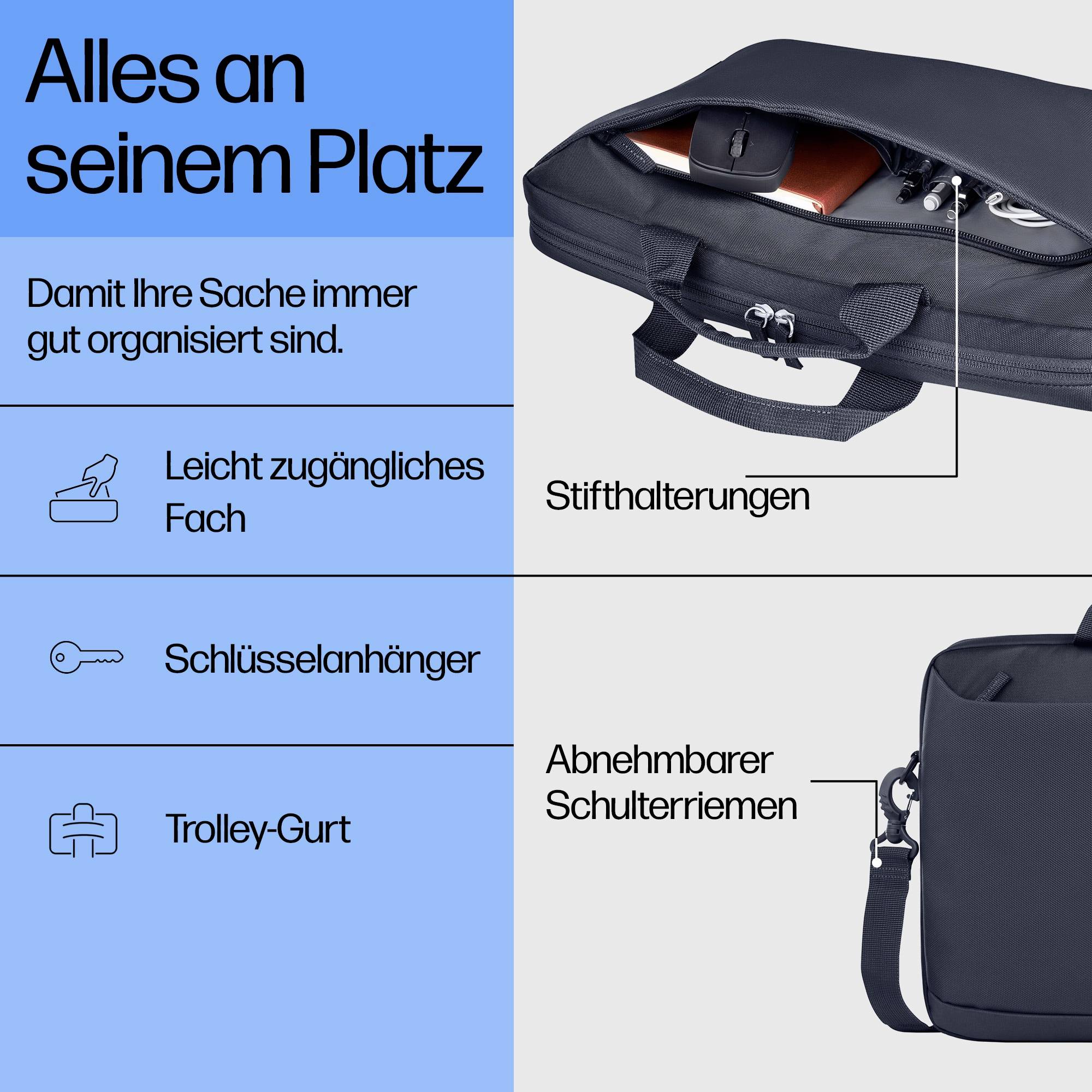 Una borsa con scomparto e portachiavi. Cinghia a tracolla rimovibile, scomparto facilmente accessibile e passante per trolley.