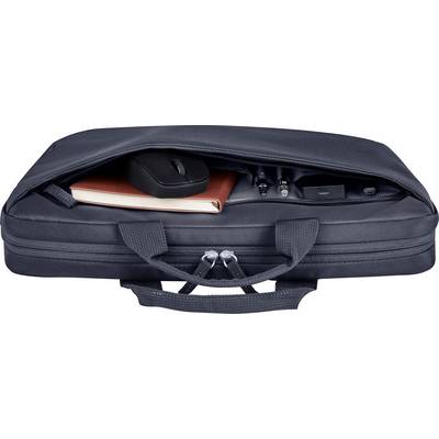 Borsa per laptop aperta, mostra all'interno un mouse, un quaderno rosso, delle penne e un caricabatterie. Ideale per ufficio o viaggi.