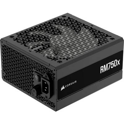 Alimentatore nero con la scritta 'RM750x', marca Corsair visibile. Design con motivo a nido d'ape sulla parte superiore, connettori di alimentazione e interruttore sul retro.