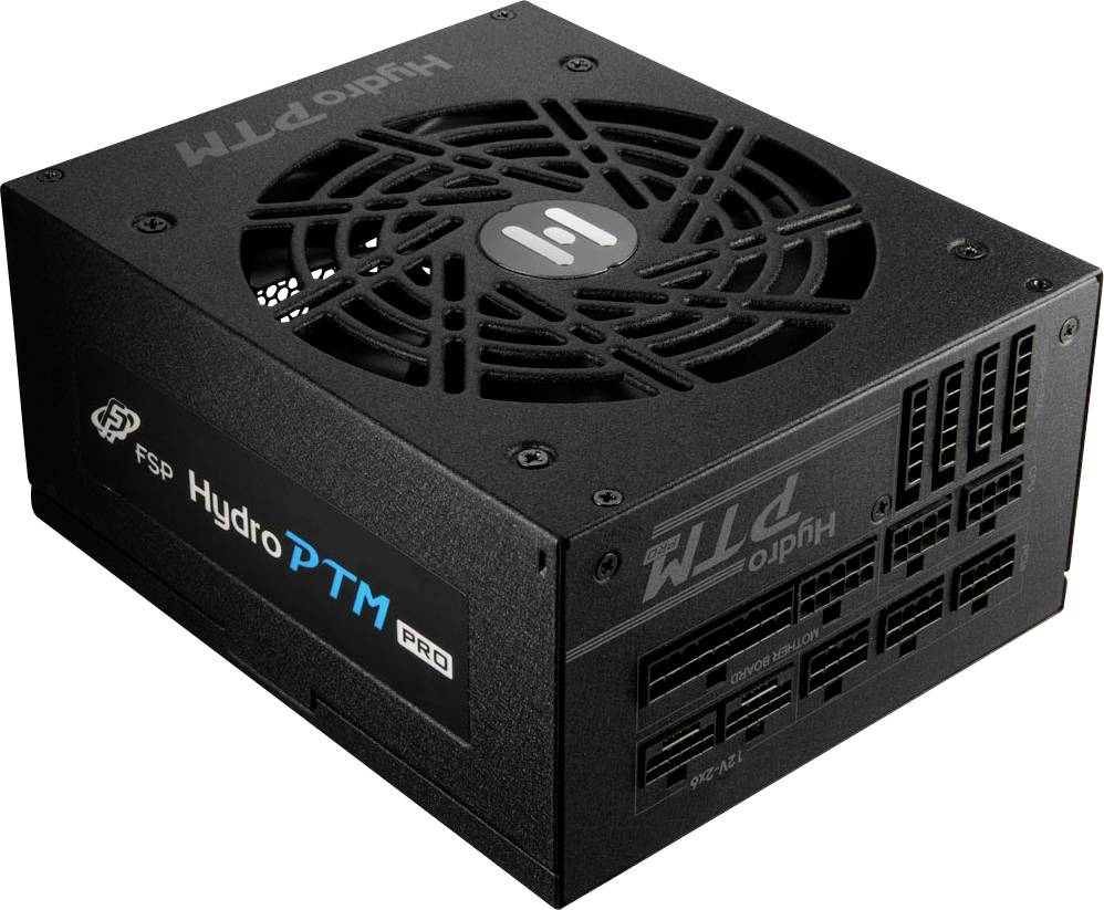 Un alimentatore PC nero del marchio FSP chiamato 'Hydro PTM Pro'. Mostra vari connettori e fessure di ventilazione.