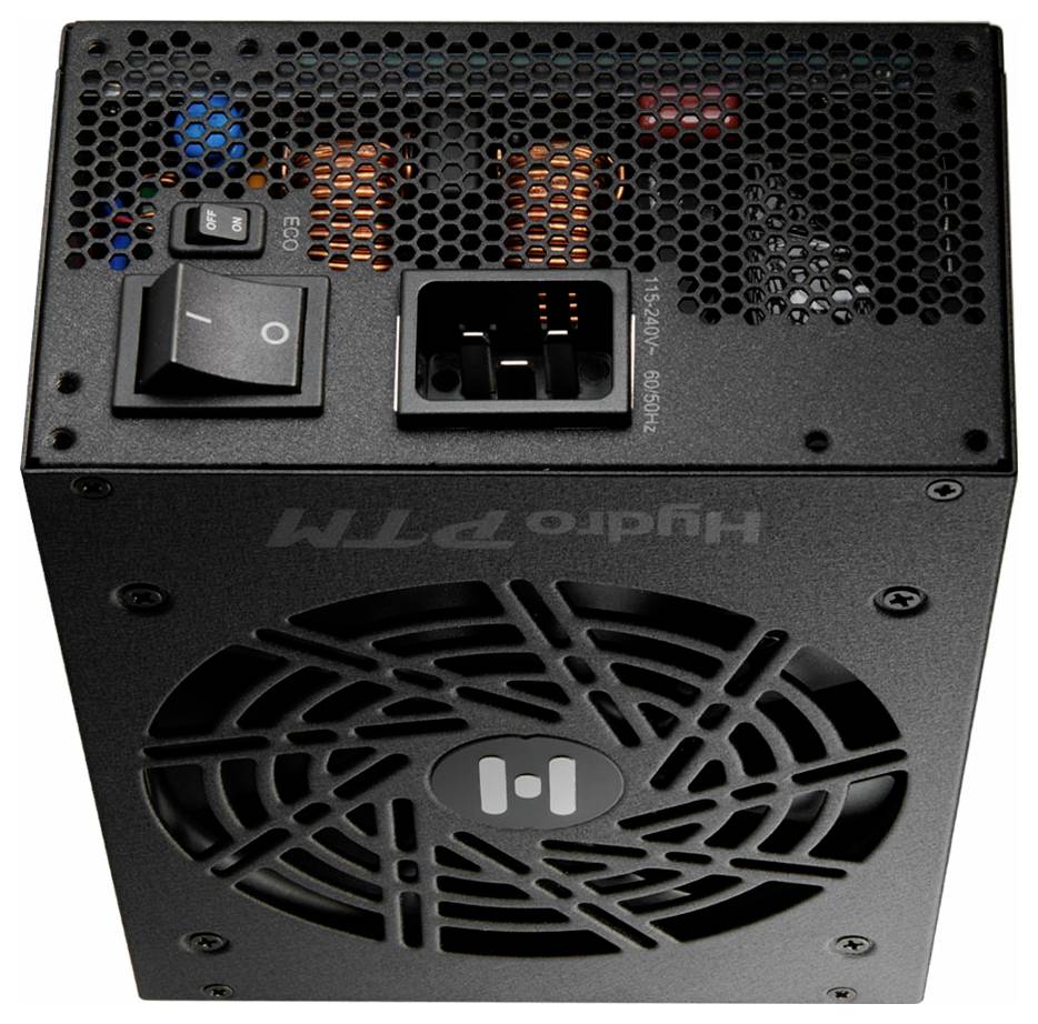 Alimentatore per computer nero con interruttore a levetta, ventola e connettori. Il case ha un coperchio superiore a rete per la ventilazione.