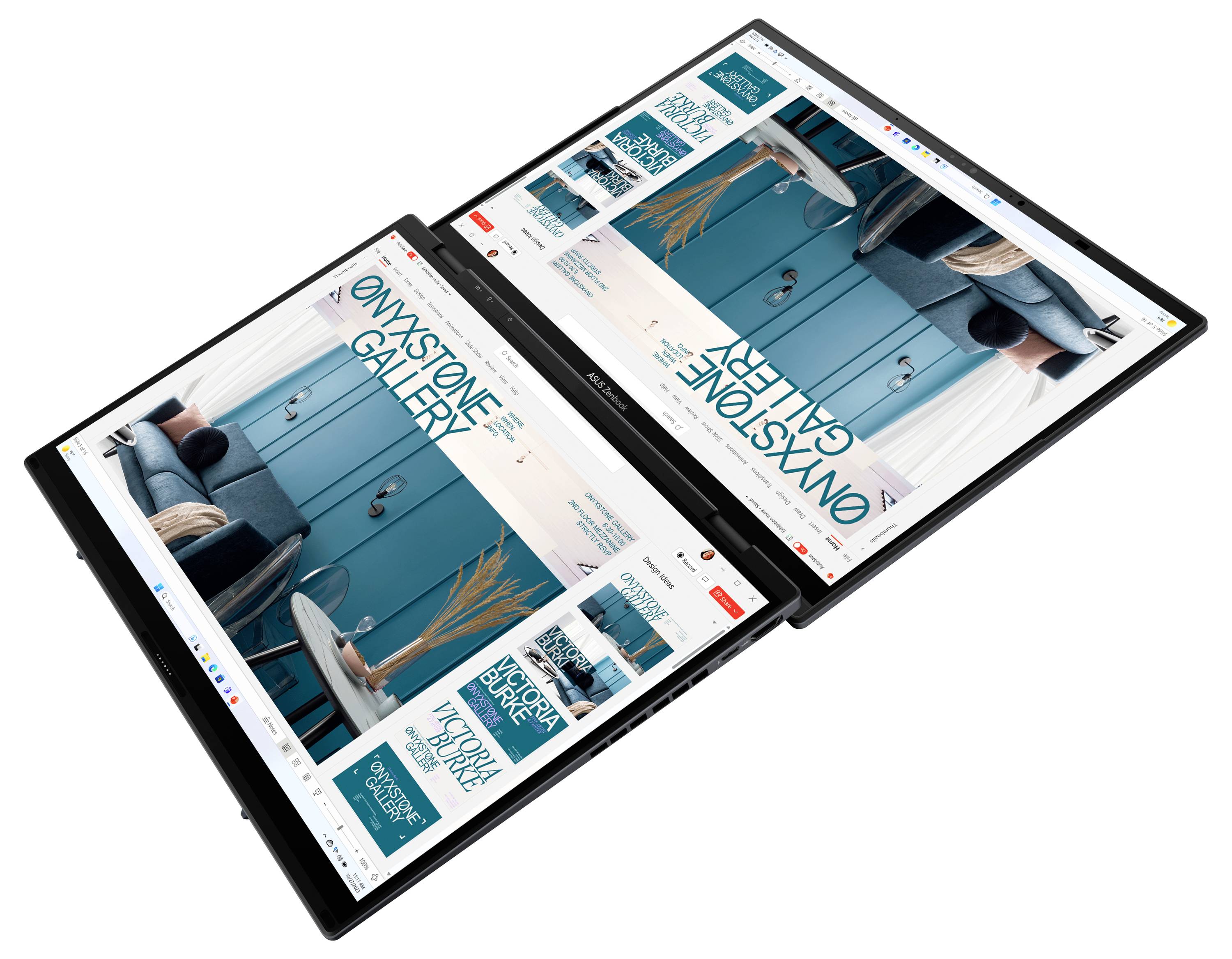 Due schermi touch pieghevoli affiancati, entrambi mostrano un sito web intitolato 'Galleria Onyxstone', che presenta mobili per soggiorno.