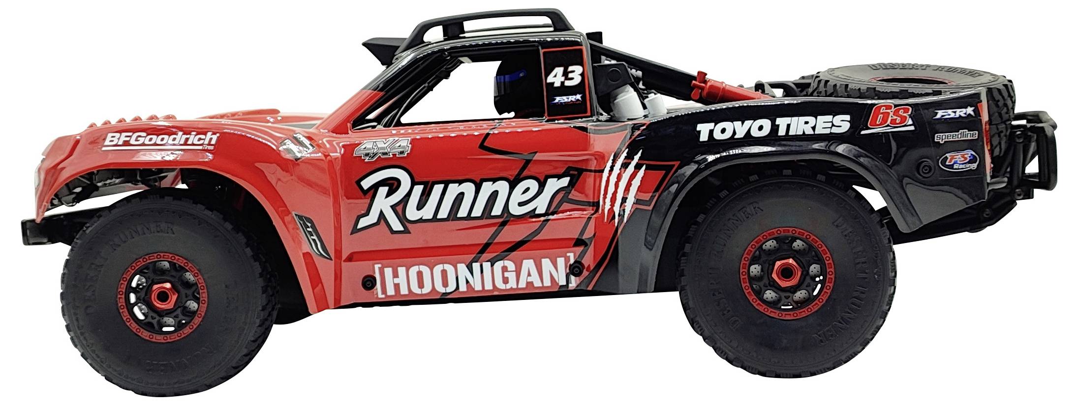 Un'auto radiocomandata rossa e nera con la scritta 'Runner' e 'Hoonigan' sul lato, numerata 43.