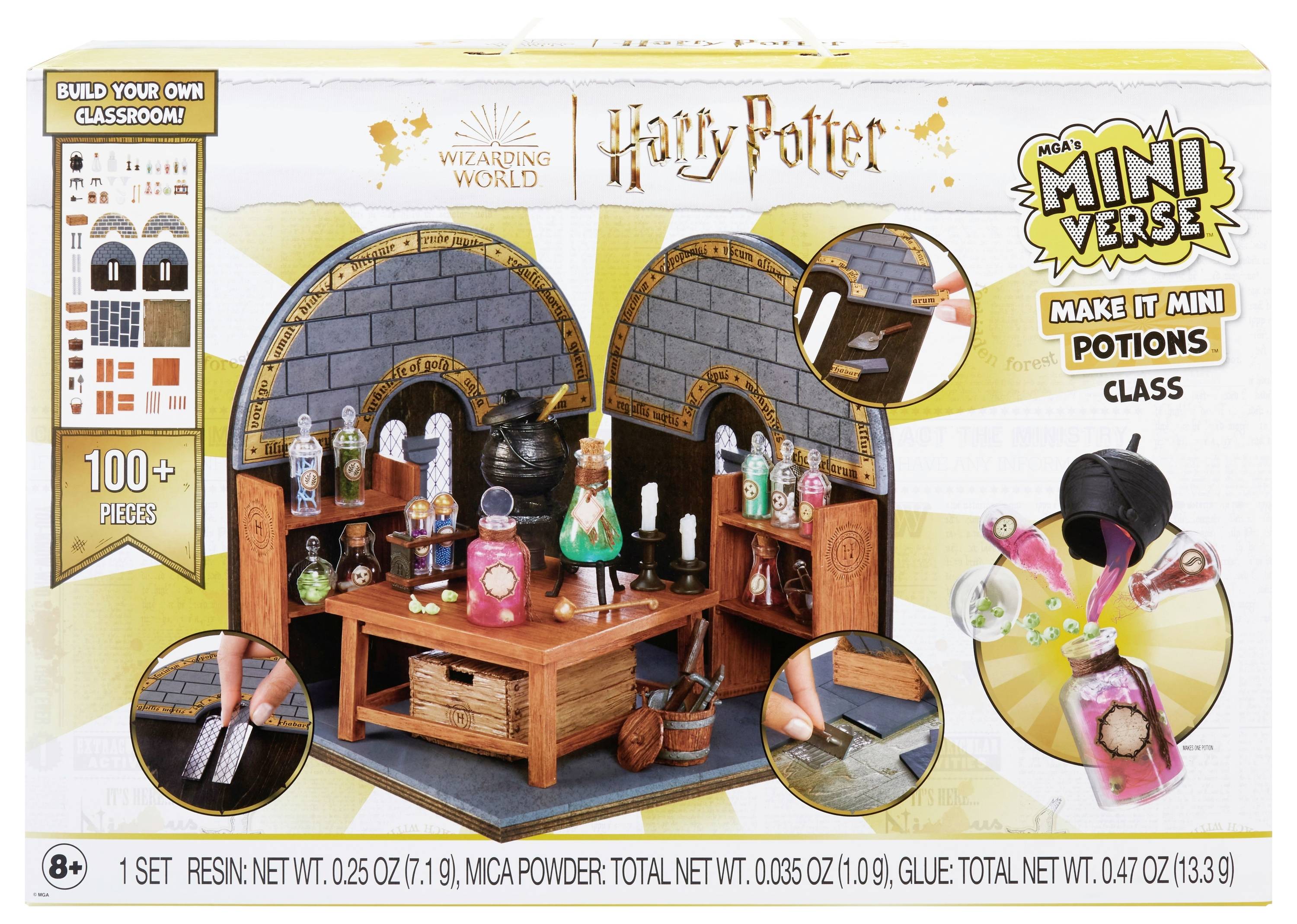 Set miniatura 'Harry Potter' con oltre 100 pezzi per ricostruire un'aula di Pozioni. Include bottiglie, calderoni e accessori. Dai 8 anni in su.