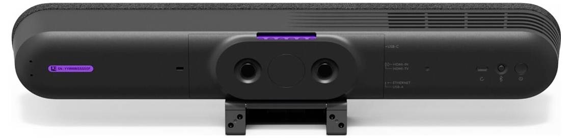 Un altoparlante nero, rettangolare con fotocamera integrata e pulsanti di controllo. La fotocamera ha due obiettivi e una luce viola.