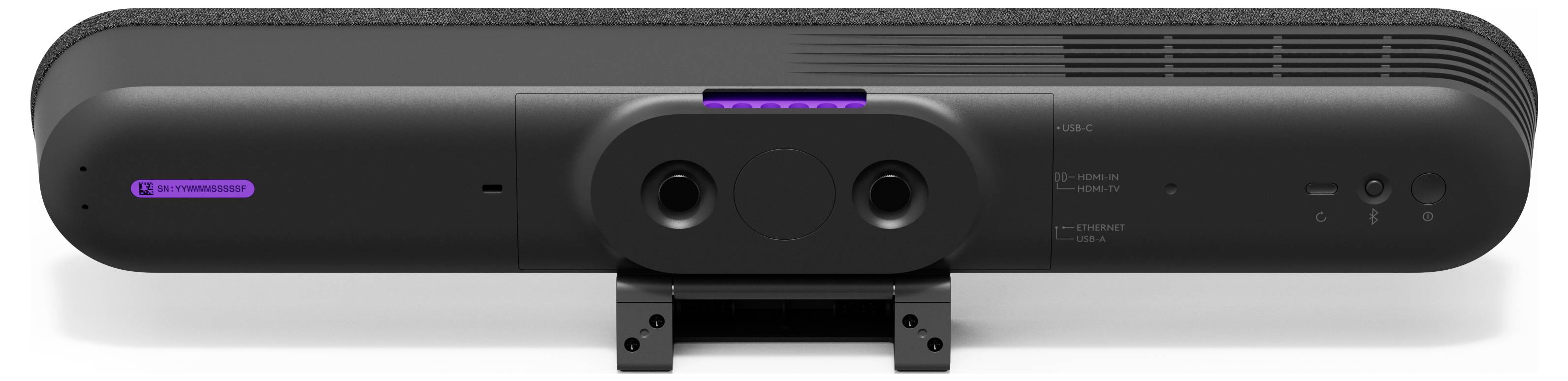 Un dispositivo nero e rettangolare con due obiettivi delle fotocamere al centro e fessure di ventilazione sul lato destro.