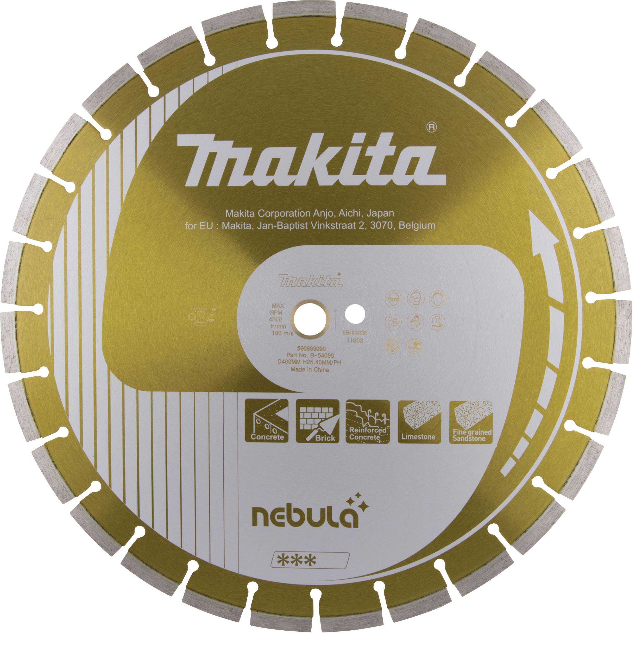 Lama circolare Makita con superficie gialla e simboli neri di diversi materiali. Adatto per calcestruzzo, mattoni, pietra calcarea.