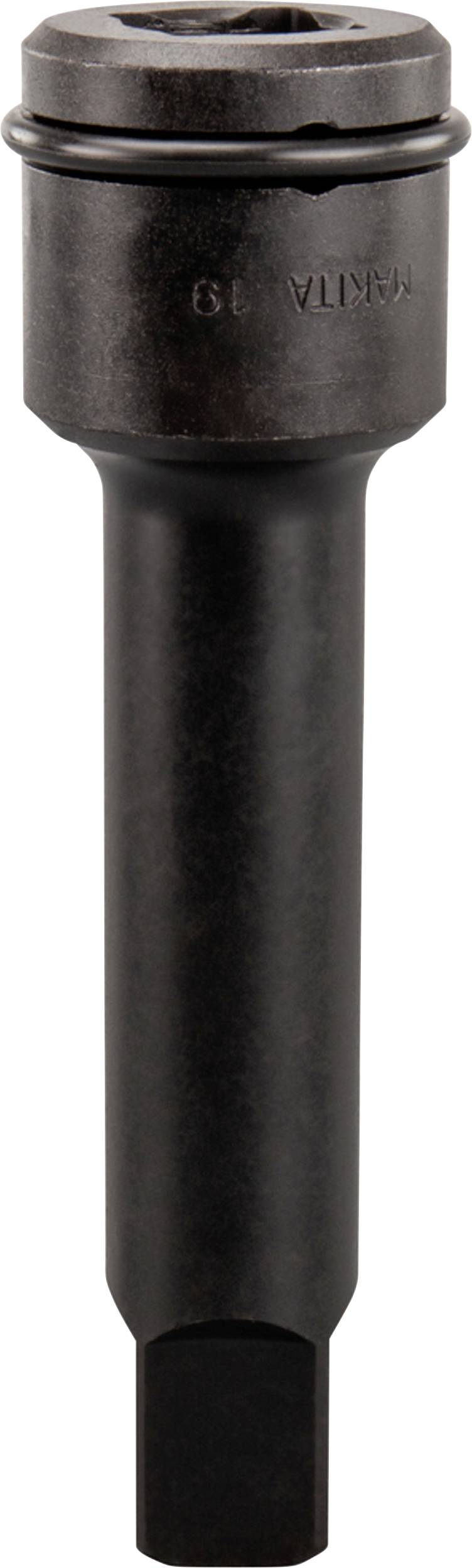 Un pezzo nero in metallo a forma cilindrica con estremità esagonale, probabilmente un componente per utensili o macchinari.