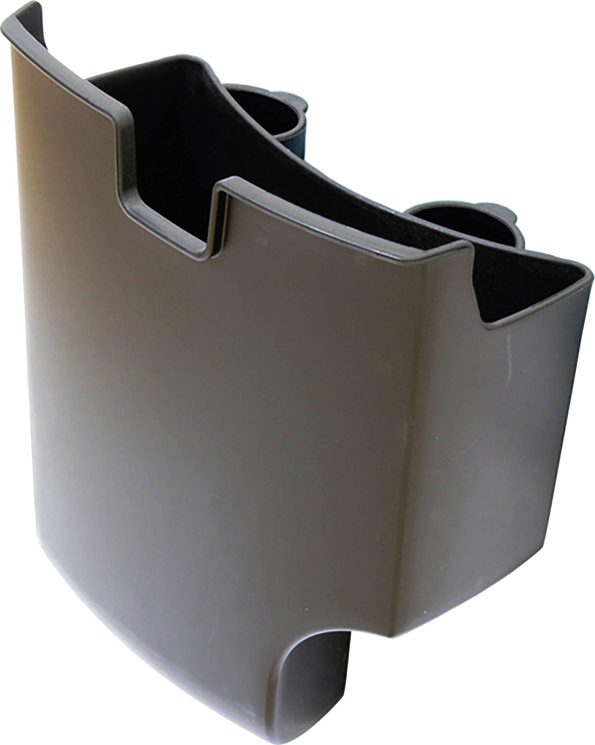 Contenitore marrone in plastica con due scomparti e aperture sagomate. Adatto per conservare o organizzare oggetti.