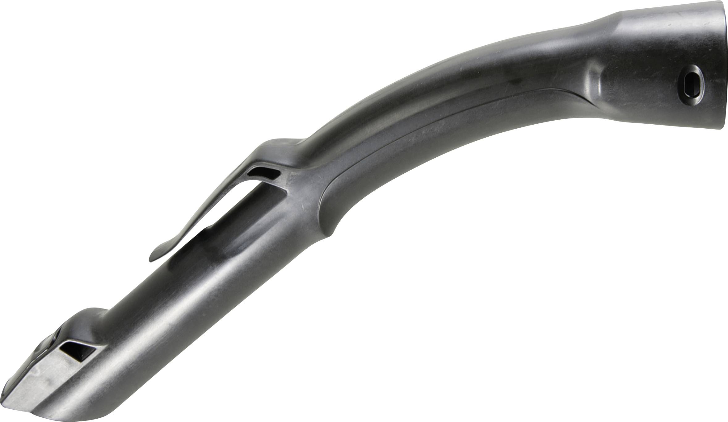 Un manico nero in plastica di un elettrodomestico, fortemente curvato con un'apertura rotonda sul lato destro.