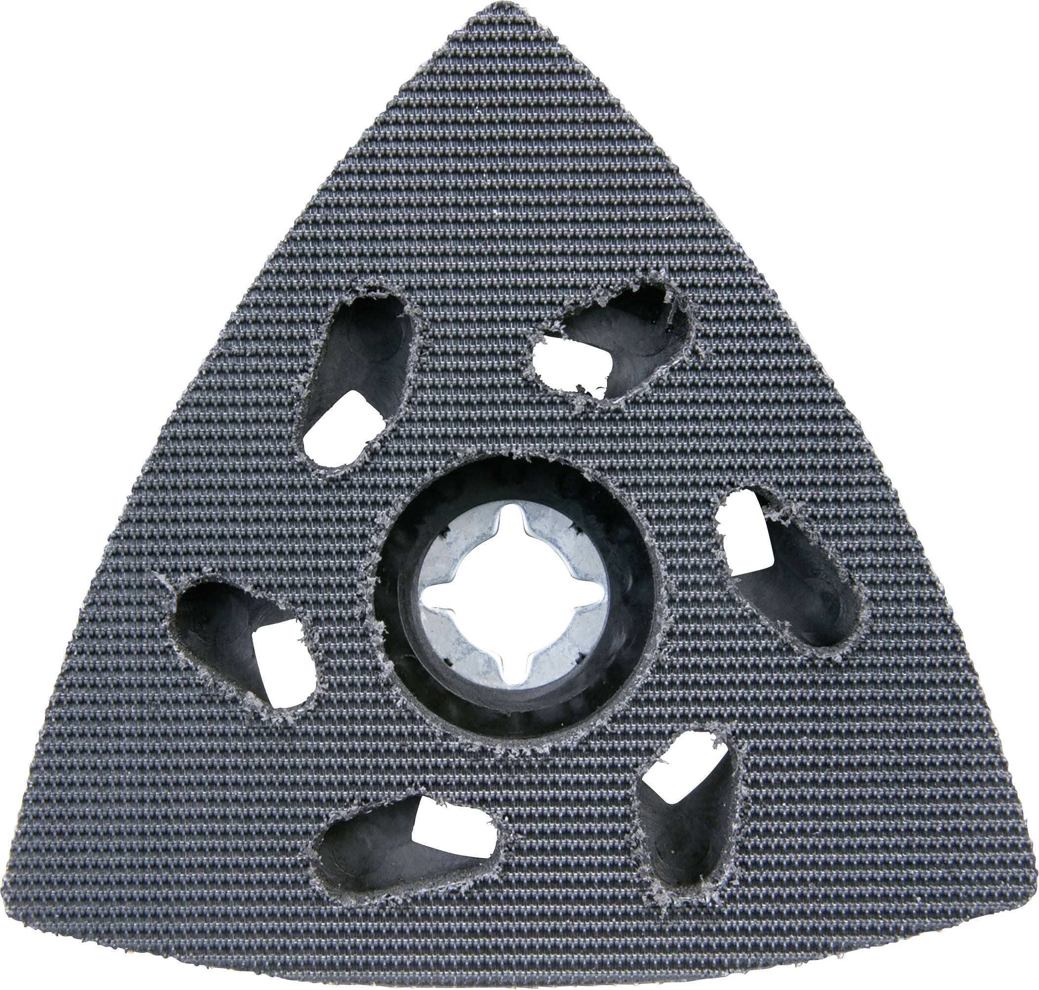 Un accessorio triangolare per utensili elettrici, con diversi fori rotondi e ovali per il fissaggio e l'aspirazione della polvere.