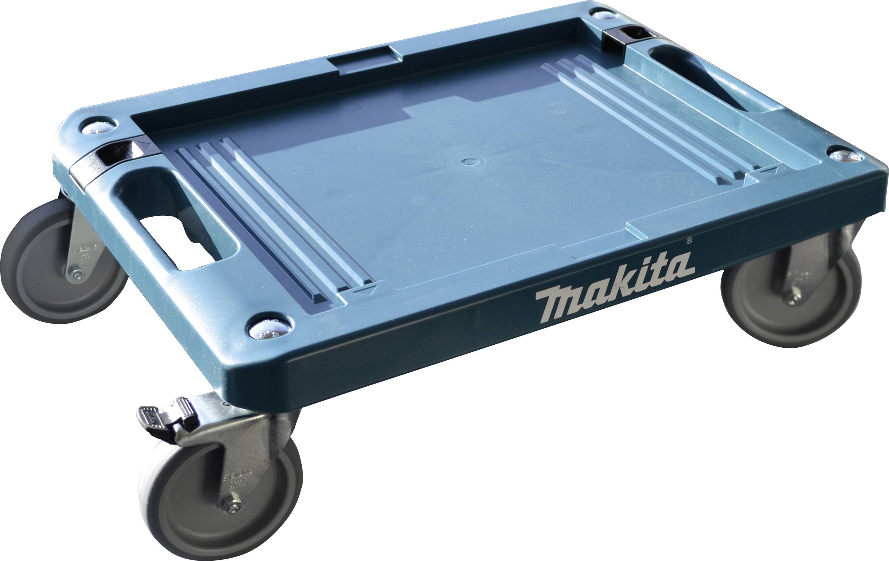Un carrello di piattaforma pieghevole, robusto, in turchese, con quattro ruote girevoli e il logo 'Makita' sul lato.