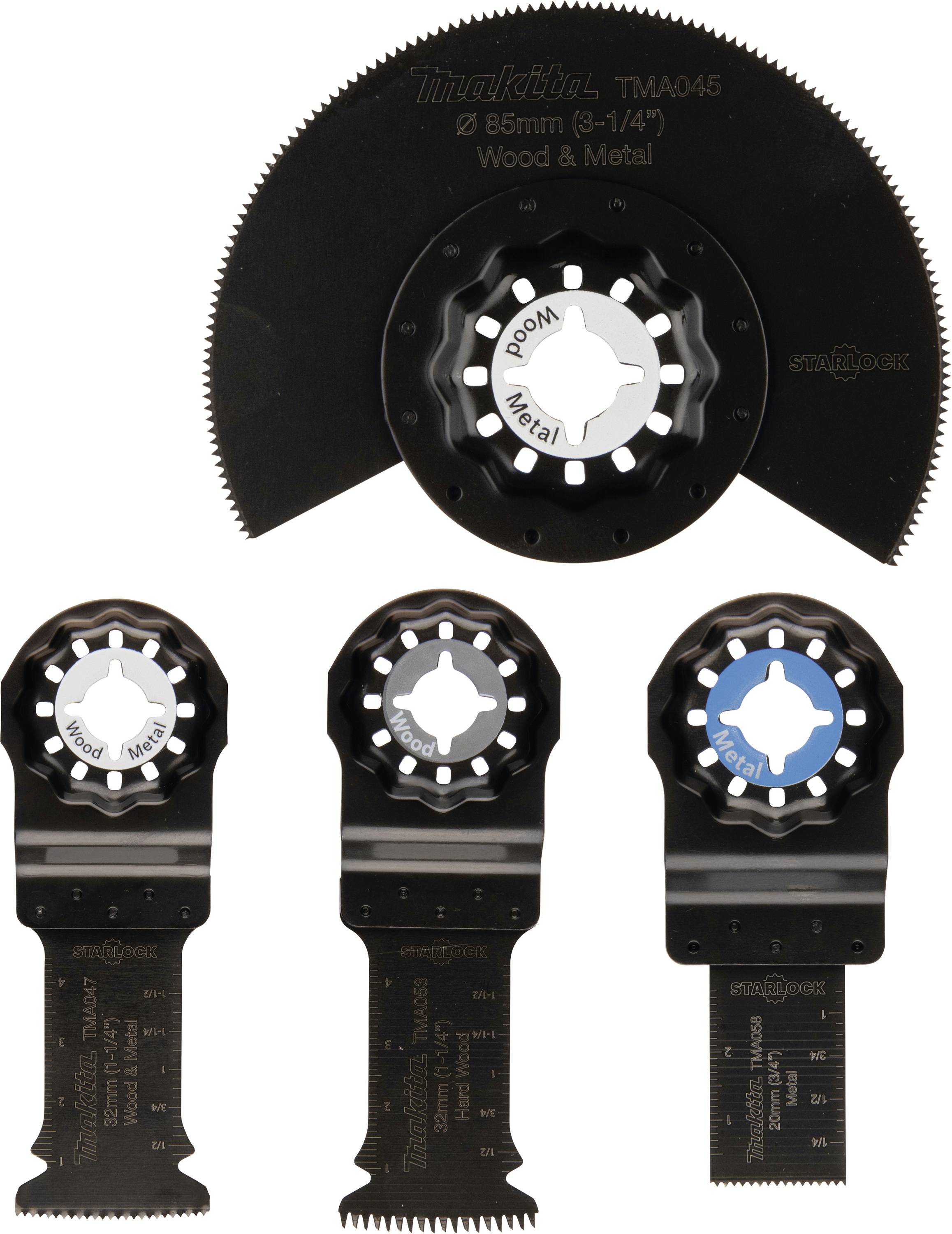 Set di quattro lame oscillanti per diversi materiali, con profilo dentato per legno e metallo, dimensioni non uniformi delle lame.