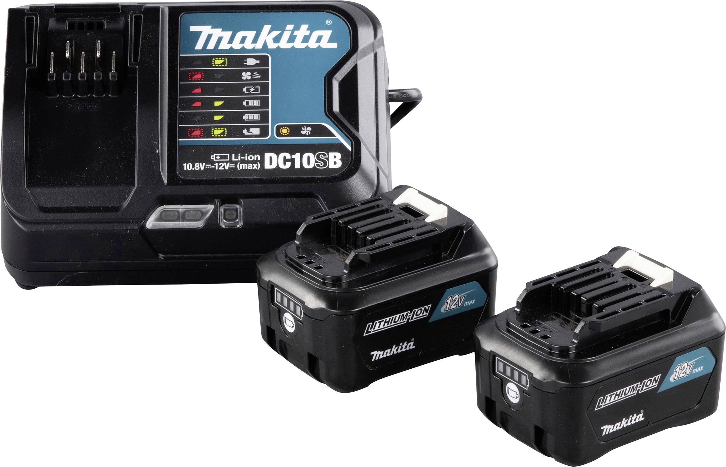 Caricabatterie Makita con due batterie agli ioni di litio compatibili, modello DC10SB, per utensili da 10,8V-12V con indicatore LED.