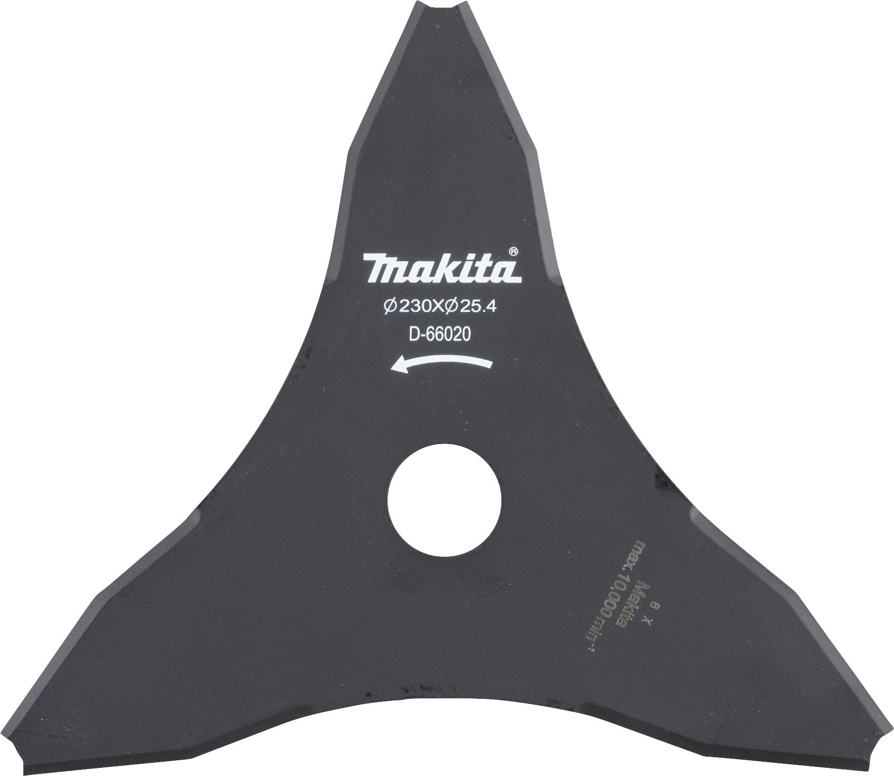Un coltello triangolare per tagliaerba Makita, modello D-66020, Ø230mm, con foro centrale e freccia in senso antiorario.