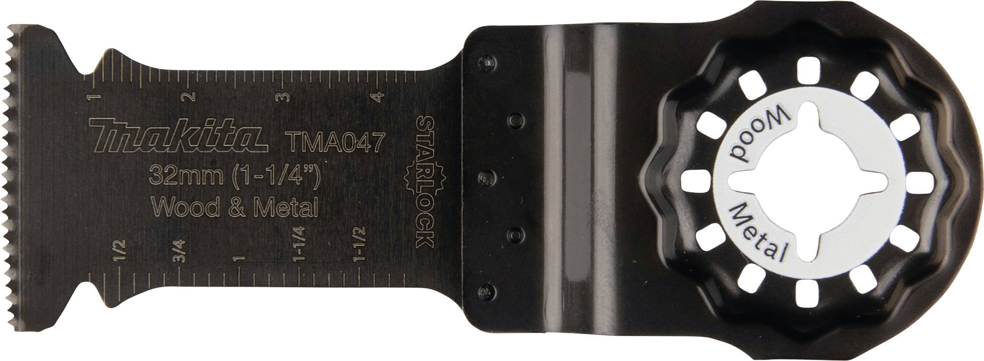 Una lama da taglio nera Makita, 32 mm (1-1/4"), adatta per legno e metallo. Sistema 'Starlock' per un cambio rapido.