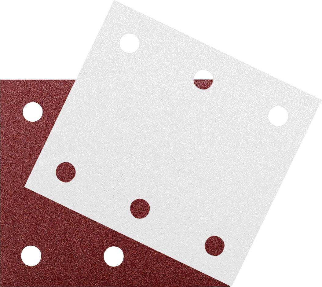 Due fogli di carta abrasiva con sei fori ciascuno, uno bianco poggiato sopra un rosso, parzialmente sovrapposti. Principalmente per lavori di levigatura.