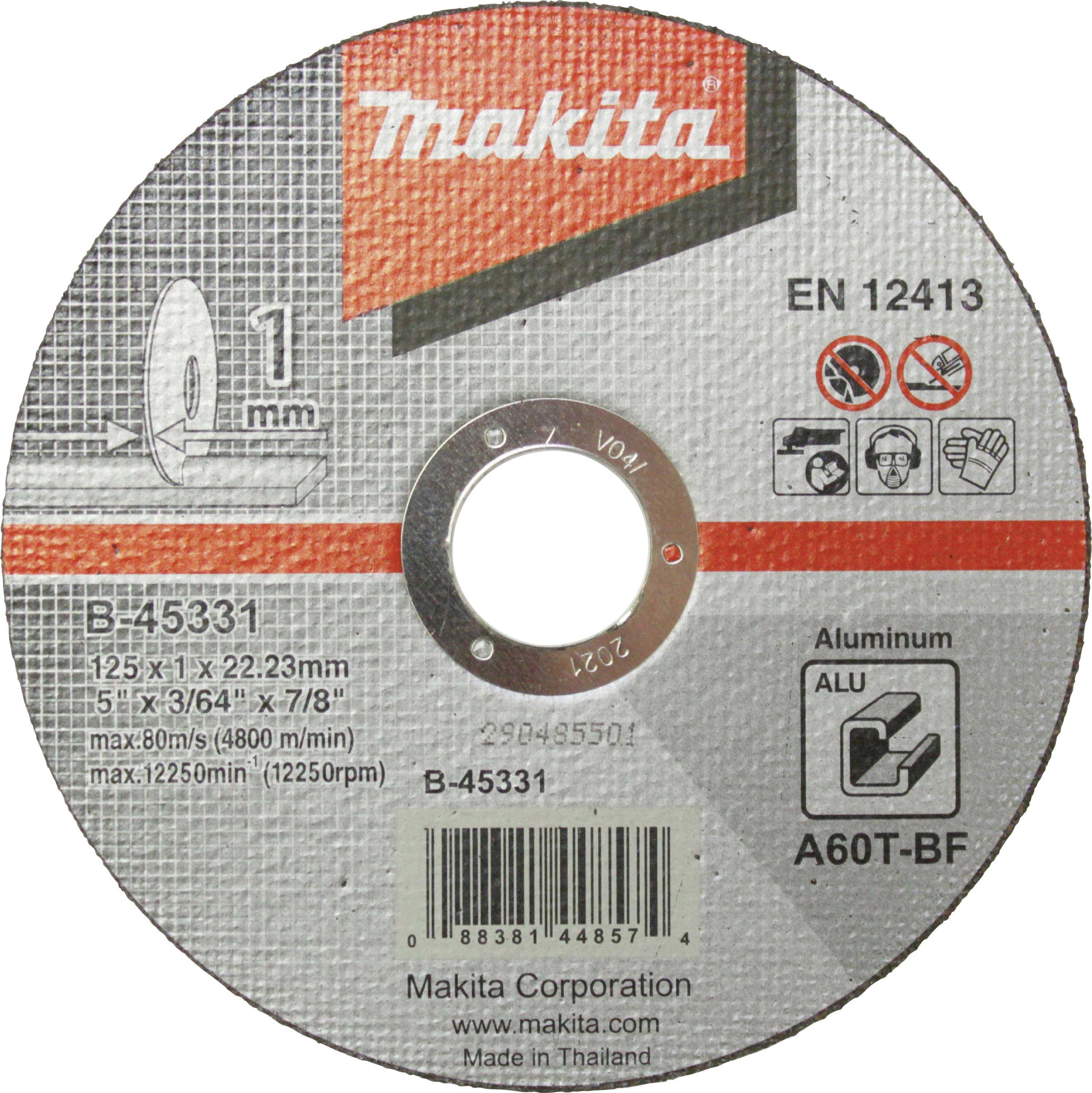 Disco abrasivo Makita, numero modello B-45331, etichettato per alluminio, diametro 125 mm, spessore 1 mm, fabbricato in Tailandia.