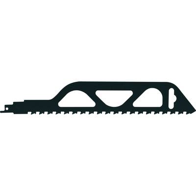 Una lama nera da sega con diverse tacche triangolari che conferiscono stabilità e denti affilati lungo il bordo inferiore.