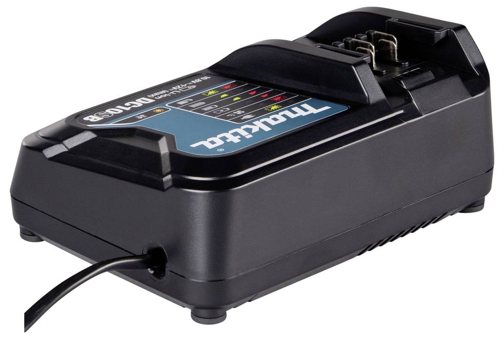 Un caricabatterie per utensili cordless con indicatori LED dello stato di carica e un cavo di alimentazione collegato sul lato.