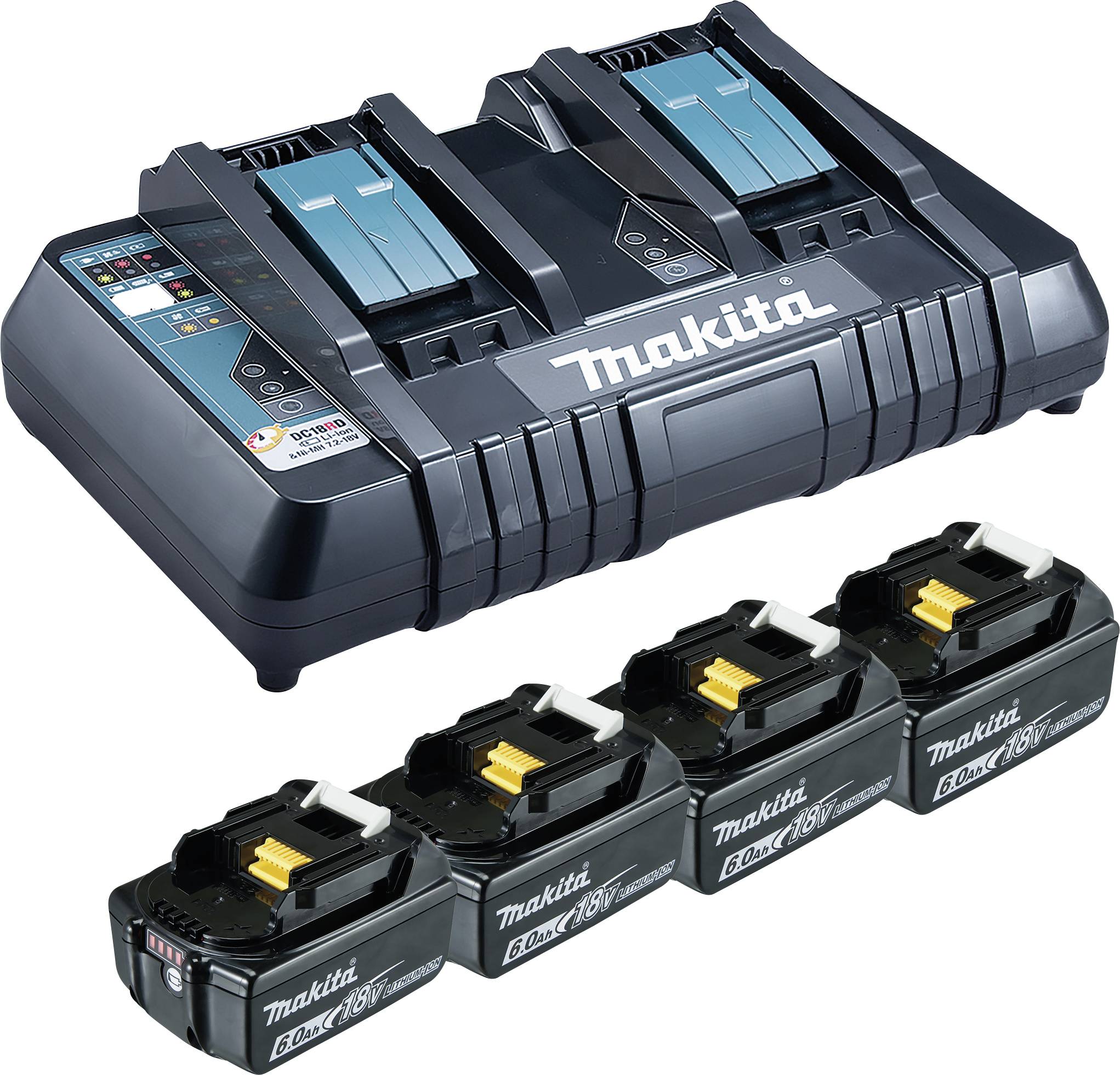 Caricabatterie doppio con quattro batterie agli ioni di litio compatibili, adatto per utensili. Nome del marchio chiaramente visibile sul caricabatterie.