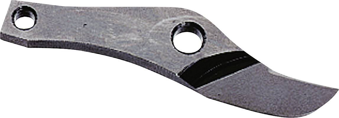 Un coltello di ricambio in metallo con due fori, probabilmente per un paio di forbici da giardino o un attrezzo simile.