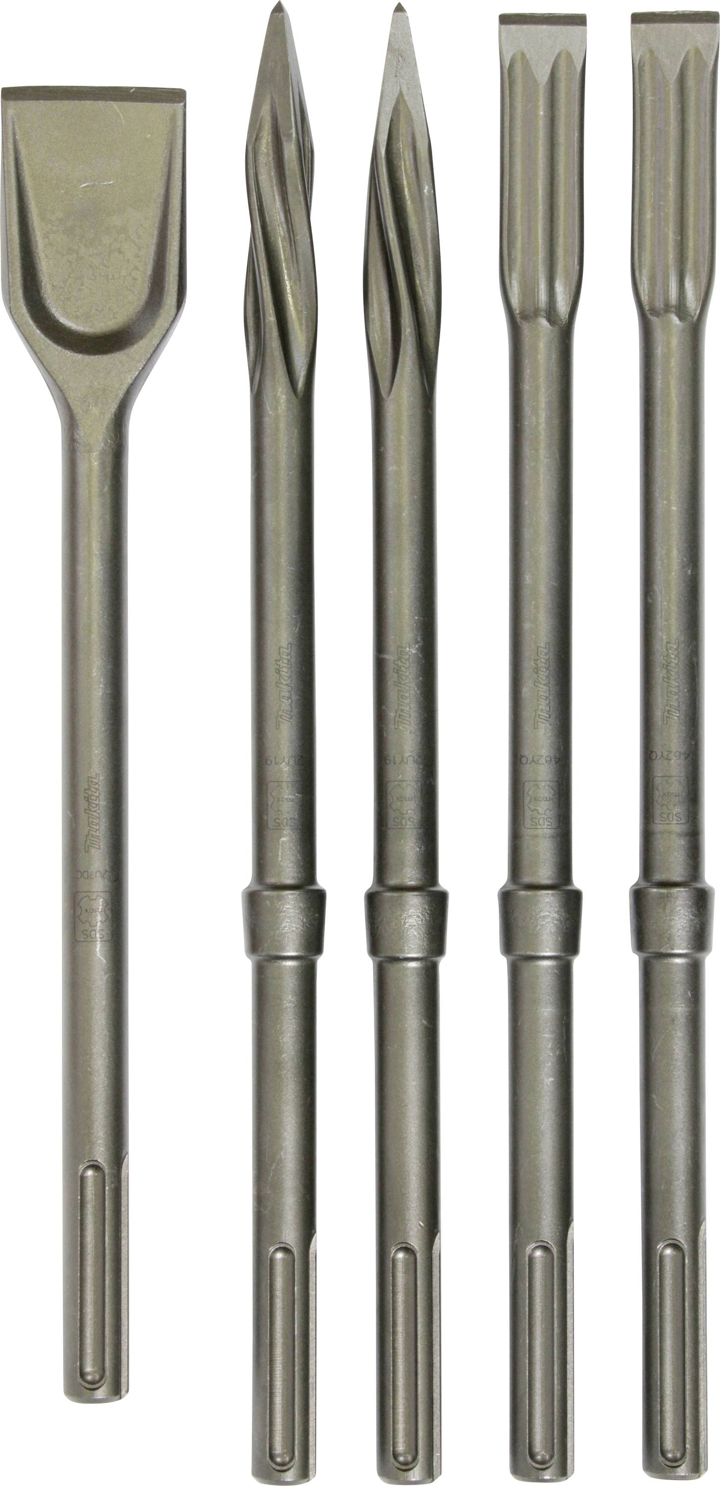 Cinque scalpelli diversi con attacco SDS-Max, adatti per lavori di demolizione. Include scalpelli piatti, a punta e a palette.