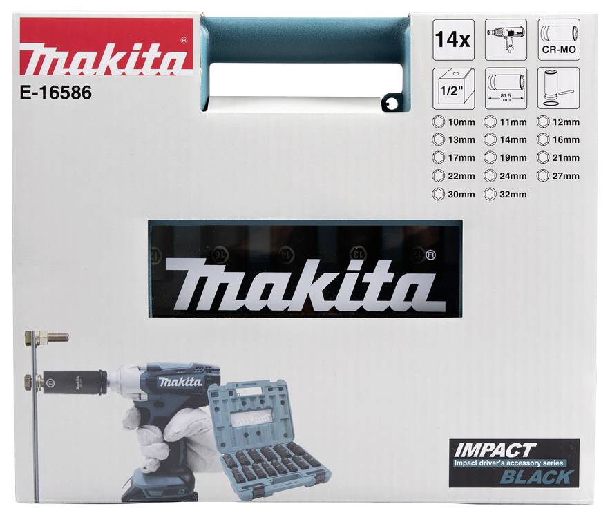 'Set di accessori per avvitatore a impulsi Makita con scatola etichettata E-16586, include 14 bussole da 10mm a 27mm. Appartiene alla serie Impact Black.'