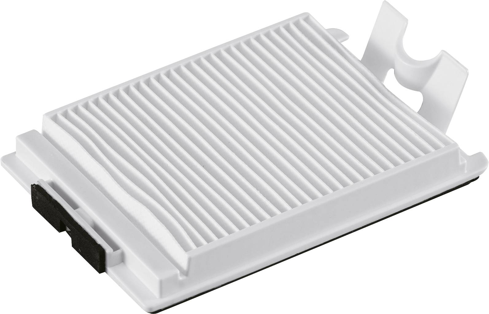 Un filtro rettangolare e zigrinato, probabilmente un filtro dell'aria o della polvere, è posizionato di lato. Ha una cornice bianca in plastica.