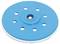 Un disco abrasivo blu con fori e un foro centrale per il fissaggio su un dispositivo per levigatura, su sfondo bianco.