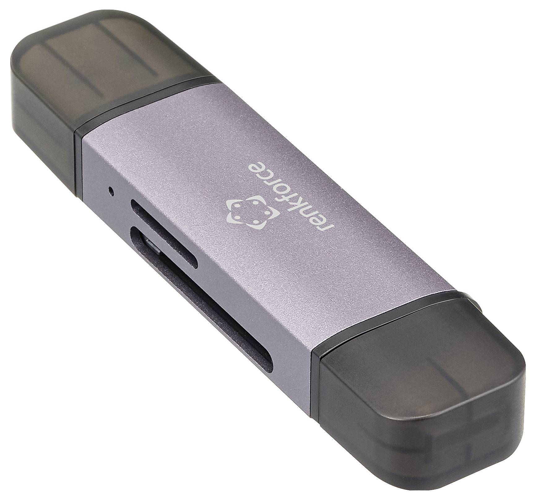 Chiavetta USB con custodia grigia e logo del marchio, cappucci di protezione su entrambe le estremità, offre spazio per l'archiviazione dei dati.
