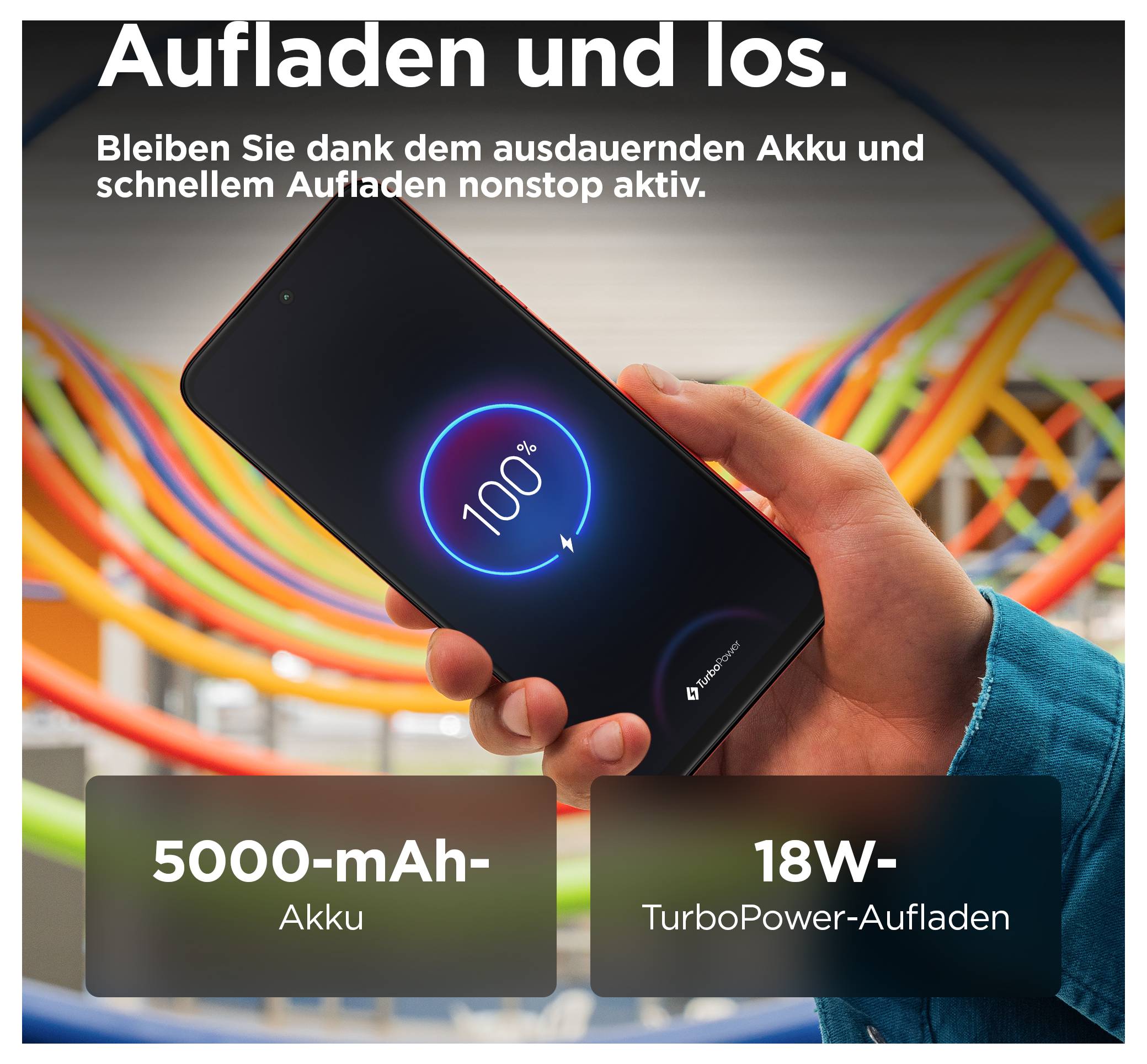Una mano tiene uno smartphone con un simbolo di carica al 100%. Testo: 'Carica e via.' Capacità della batteria 5000 mAh, ricarica TurboPower da 18W. Cavi colorati sullo sfondo.