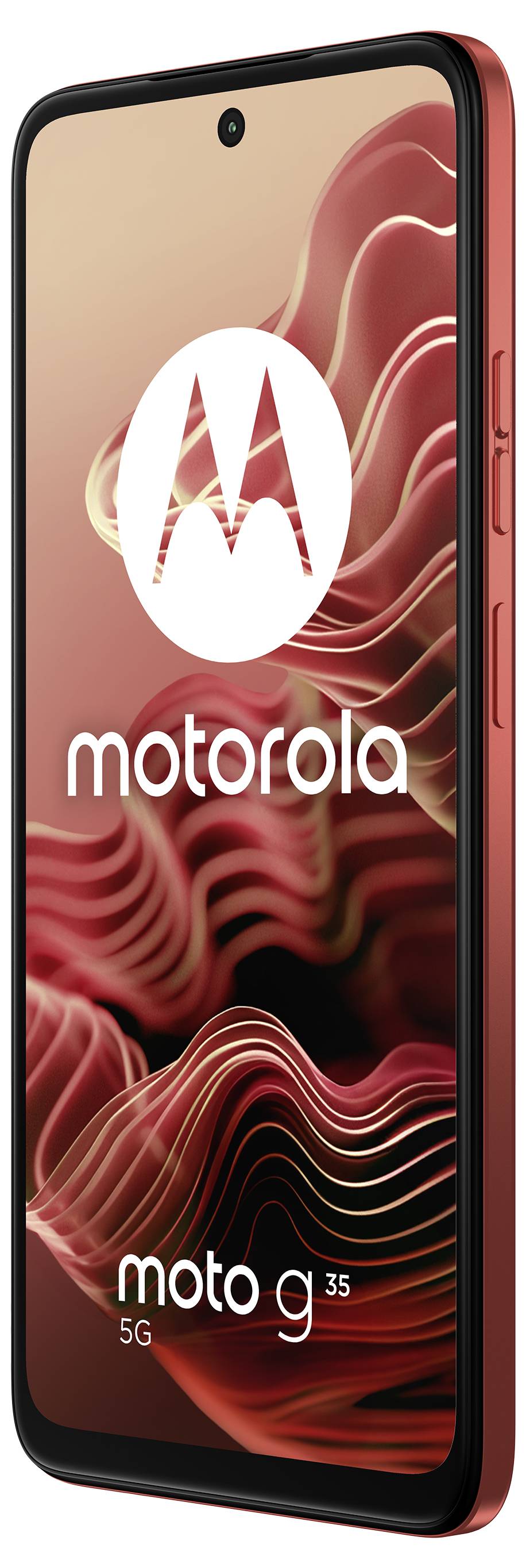 Motorola Moto G 5G smartphone in rosso, caratterizzato da un design elegante con uno sfondo a motivo ondulato sul display.