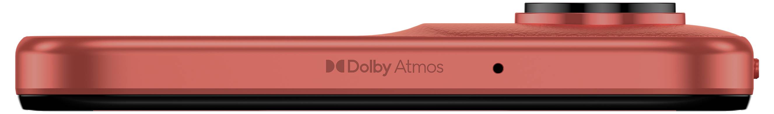 Smartphone rosso con due fotocamere posteriori. Testo: 'Obiettivi impressionanti', dettagli sulla risoluzione della fotocamera e sulla tecnologia.