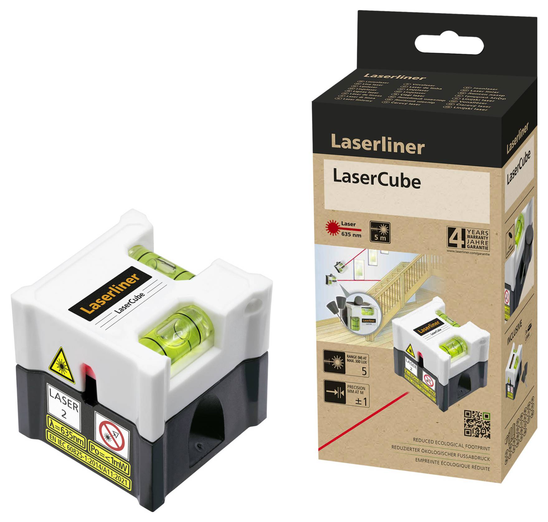 Un dispositivo di misurazione laser accanto alla sua confezione. La confezione mostra esempi di applicazione e specifiche tecniche del dispositivo.