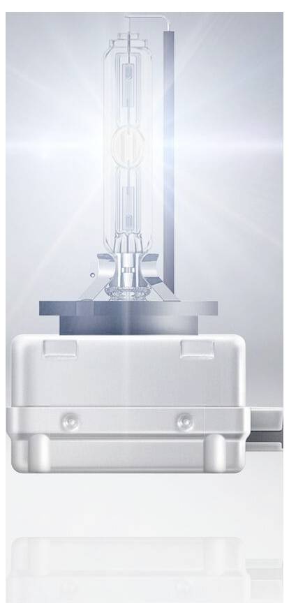Una lampada per auto su uno sfondo chiaro. La lampadina emana una luce intensa e riflette la luminosità, suggerendo un'elevata qualità.
