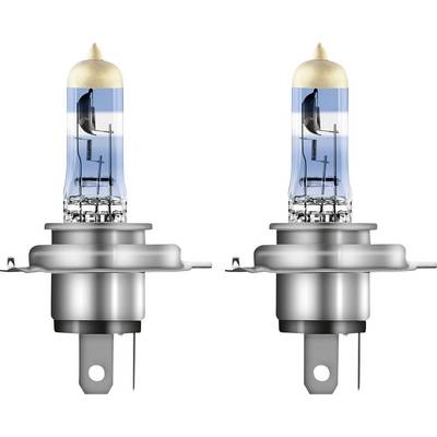 Due lampade alogene con base in metallo e bulbo trasparente, utilizzate per i fari delle auto.