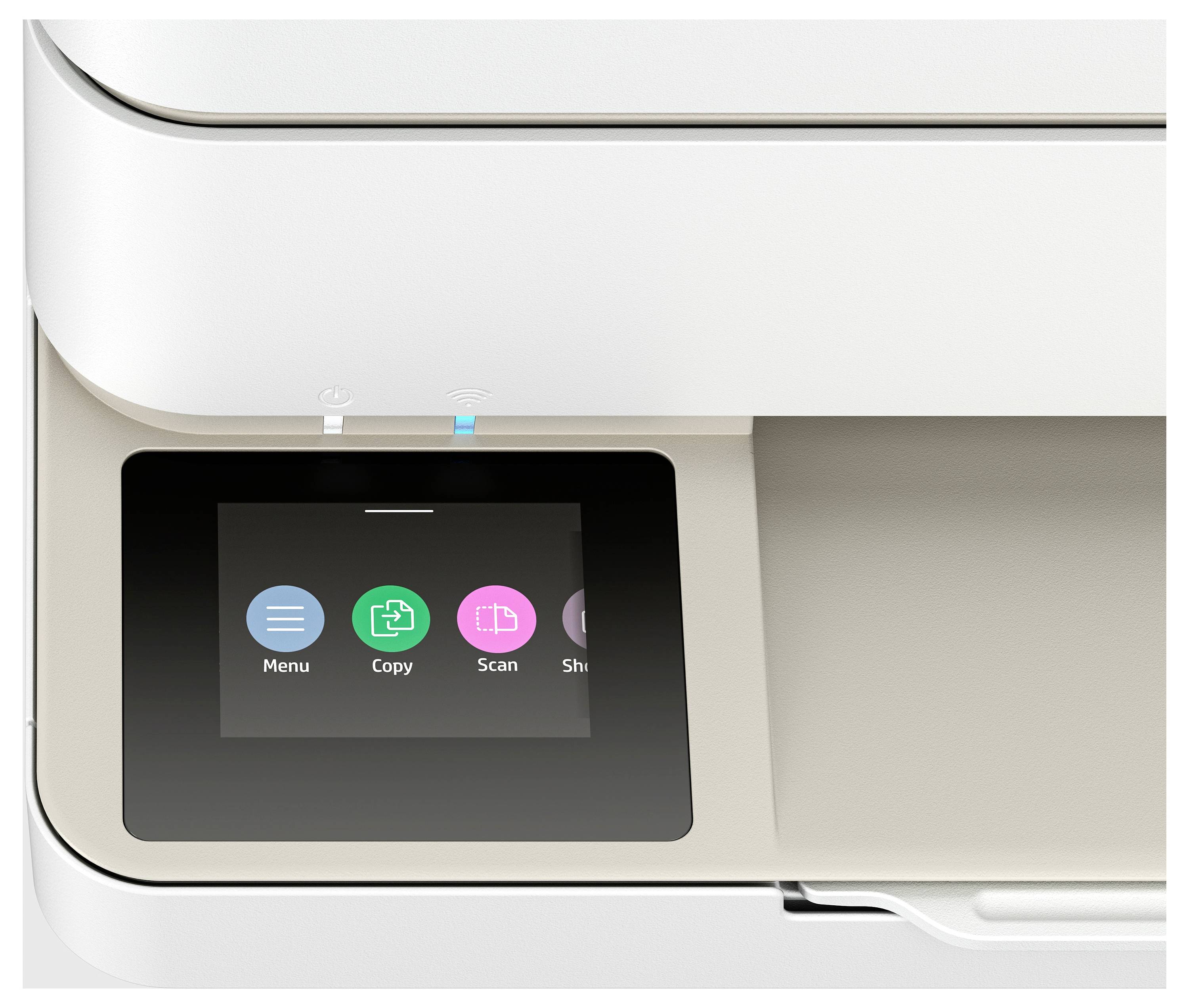 Un pannello di controllo della stampante con uno schermo che mostra simboli per 'Menu', 'Copia', 'Scansione' e 'Impostazioni'.