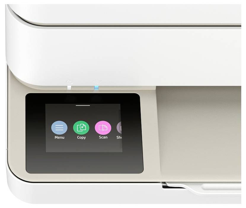 Schermo del touchscreen della stampante mostra le opzioni: 'Menu', 'Copia', 'Scansione', 'Impostazioni'. Dispositivo pronto per l'avvio.