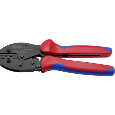 Una pinza crimpatrice rossa e blu per collegare cavi e connettori, che mostra il design dell'impugnatura e la pressione meccanica.