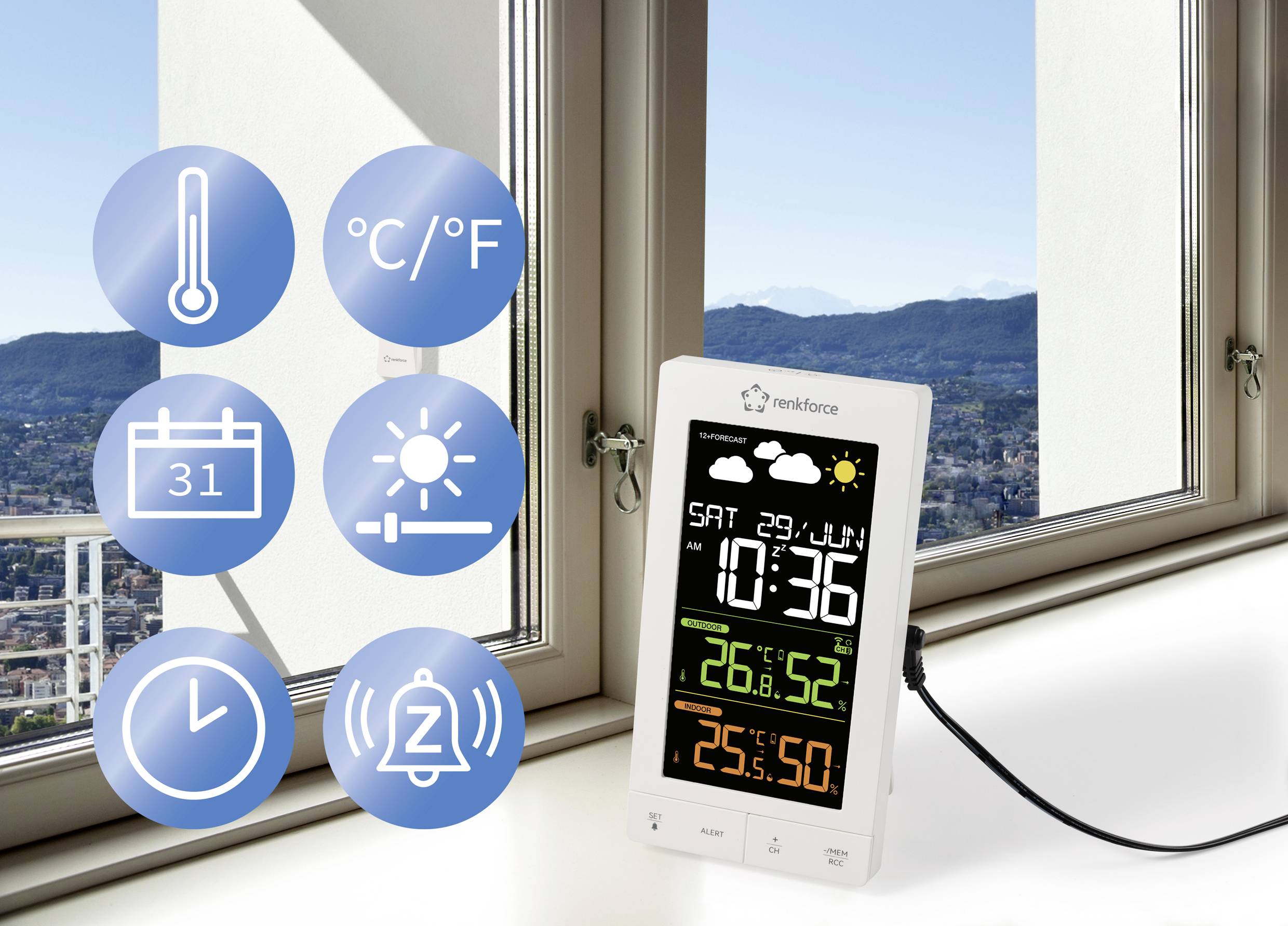 Renkforce RF-6701490 Stazione meteo digitale senza fili Previsione per 12 ore Numero di sensori max. 3-7