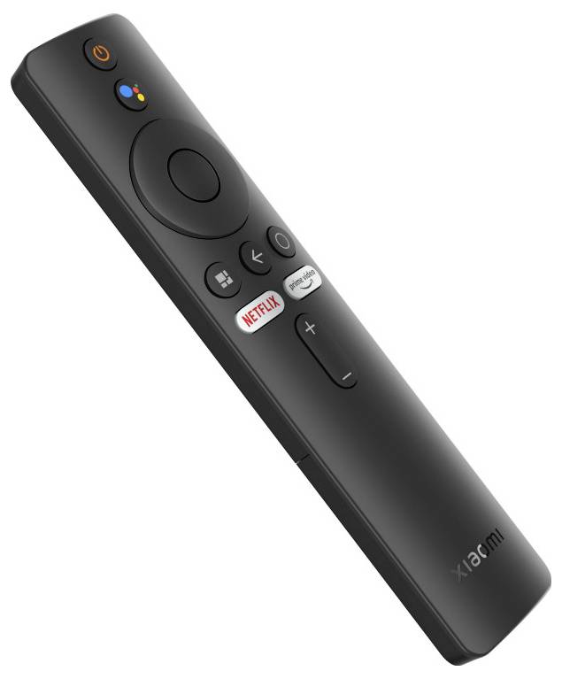 Un telecomando nero con pulsante di controllo e tasti dedicati per 'Netflix' e 'Prime Video', prodotto da Xiaomi.
