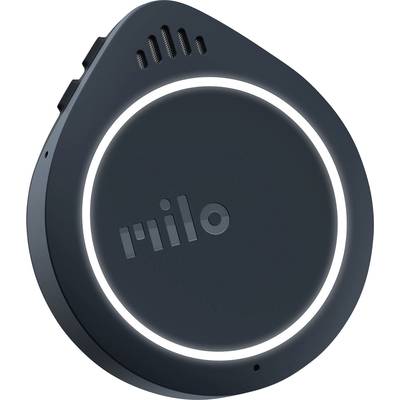 Un dispositivo rotondo nero con un bordo sottile illuminato e la scritta 'milo' al centro. Nella parte superiore sono presenti delle fessure di ventilazione.