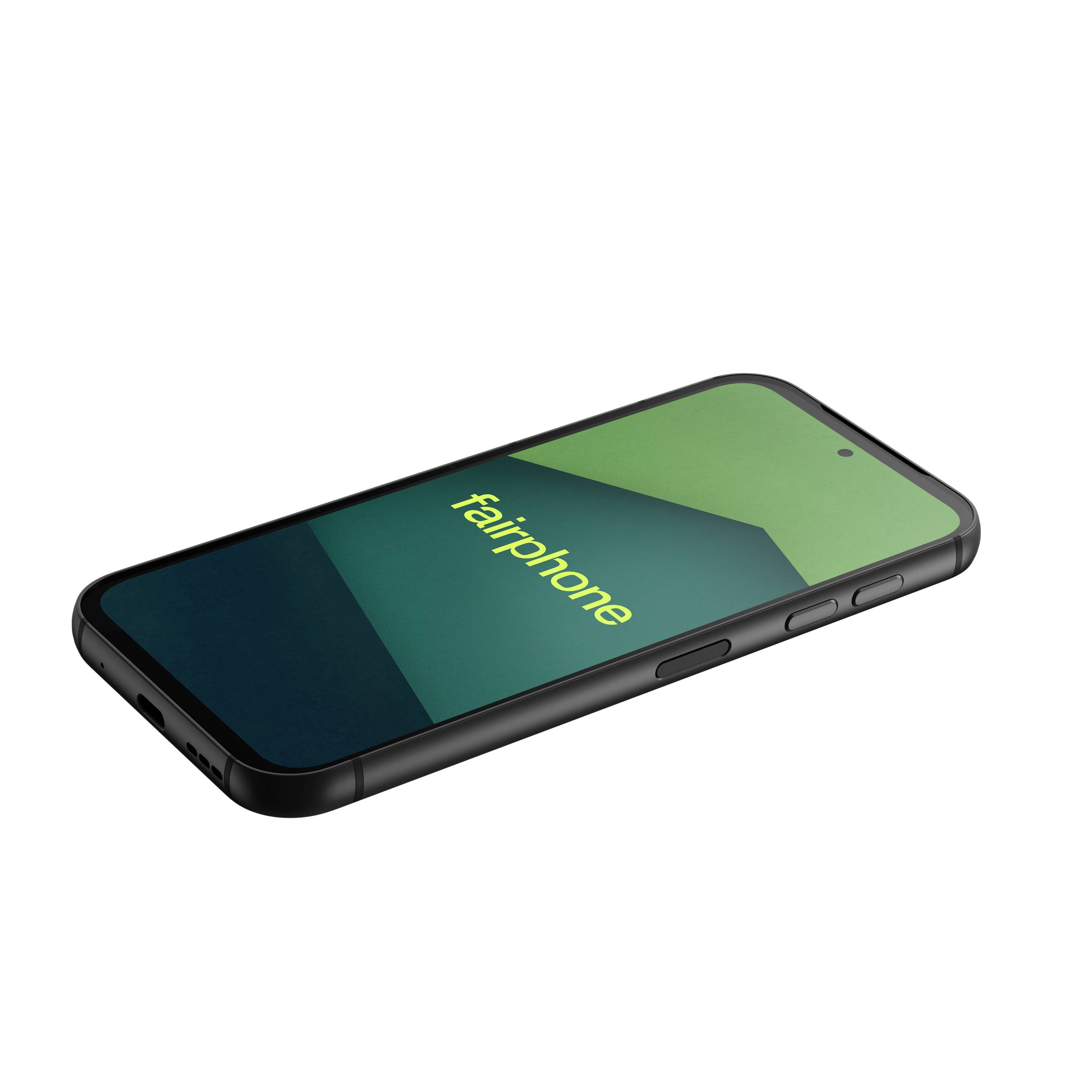 Un smartphone che mostra la parola 'fairphone' sul suo schermo, posizionato in modo da mostrare i tasti laterali e il design elegante.