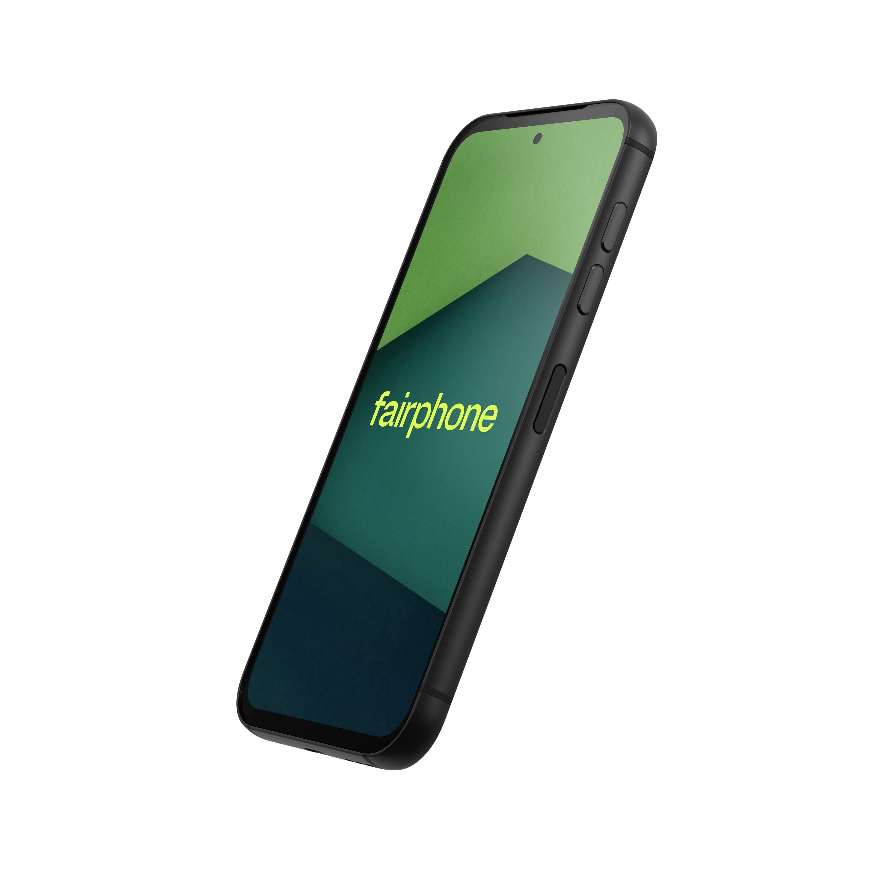 Un smartphone con uno sfondo geometrico verde e blu sullo schermo che mostra la parola 'fairphone', visto da un angolo laterale.